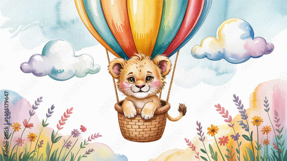 Watercolor illustration depicting a lion cub in a hot air balloon