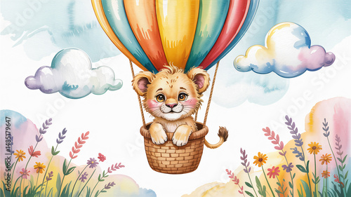 Obraz na płótnie Watercolor illustration depicting a lion cub in a hot air balloon w salonie
