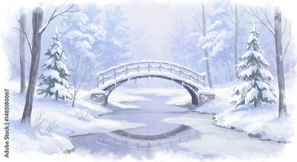 Fototapeta premium Winter Landscape with Bridge Over Frozen Stream in Forest