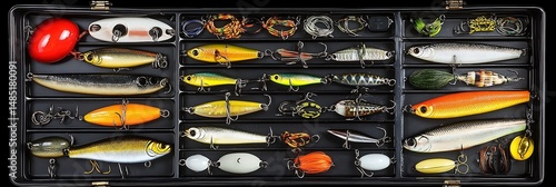 Overhead shot of a tackle box filled with various fishing lures arranged meticulously, showcasing diversity of baits, all in good order