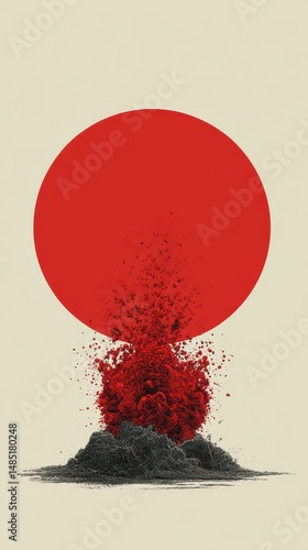 Abstract graphic of a volcanic eruption against a red sun.