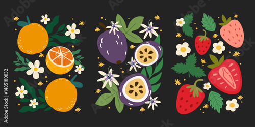 Tropical summer fruits abstract posters in cartoon doodle retro style. Juicy orange, passion fruit, strawberries, leaves and flowers. Vector illustration for wall decor, postcards, prints