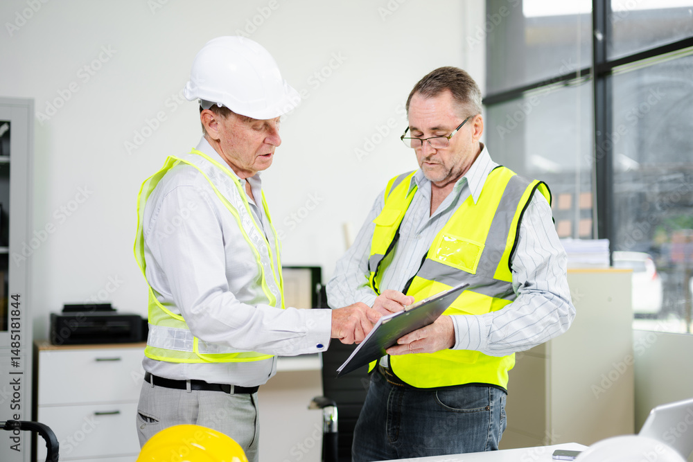 Engineers planning a construction project with blueprints, tablets, and hardhats. Concept of teamwork, architecture Engineers planning a construction project with blueprints, tablets, and hardhats. Concept of teamwork, architecture