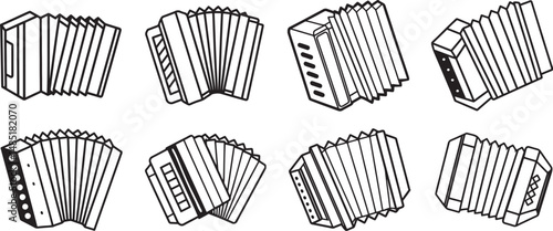 set of Piano accordion line art, black outline, vector and illustration, coloring book page line art drawing