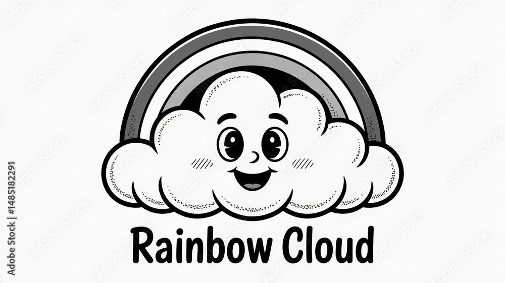 Whimsical cloud and rainbow cartoon in black and white