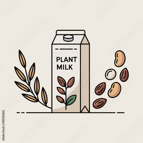 Eco-Friendly Plant Milk Designs – Solid Color Illustrations of Vegan Milk Cartons with Almonds, Soybeans, and Oats for a Sustainable, Dairy-Free Lifestyle