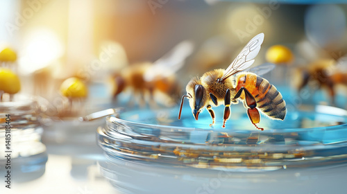 Close up of bee petri dish, showcasing intricate details of its body and wings, surrounded by vibrant environment