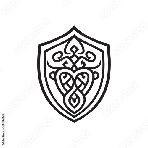 Intricate black line art reveals a shield with heart patterns on white