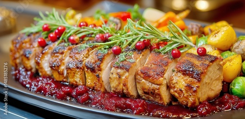 Plated Roasted Chicken With Vegetables and Cranberry Sauce at a Festive Dinne...