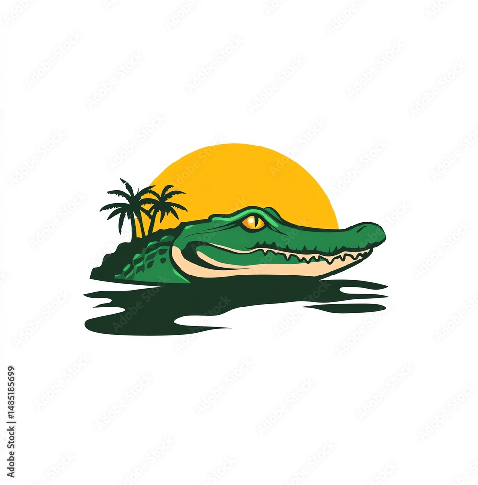 Fototapeta premium Crocodile basking in the Amazon sunset, palm trees silhouetted against a vibrant orange sun.