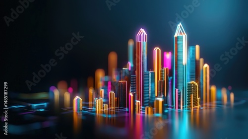 A glowing neon city skyline featuring real estate advertisements, Real Estate Advertising on Marketing and Media Usage