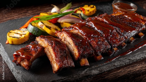BBQ ribs served on a rustic slate board, generously slathered with a thick barbecue sauce, accompanied by grilled vegetables, creating an inviting feast