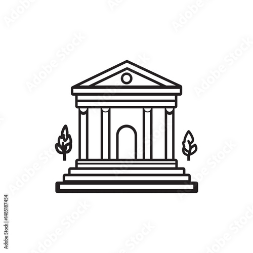 Isolated bank building with four pillars resting upon steps and flanked by trees