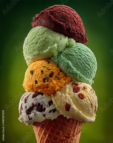 Colorful Ice Cream Cone Stacked With Five Different Flavors Against a Vibrant...
