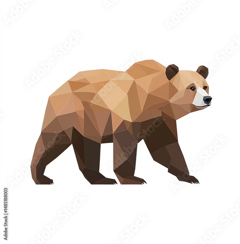 Majestic Brown Bear In Geometric Polygon Art Style Walking Calmly Against White Background