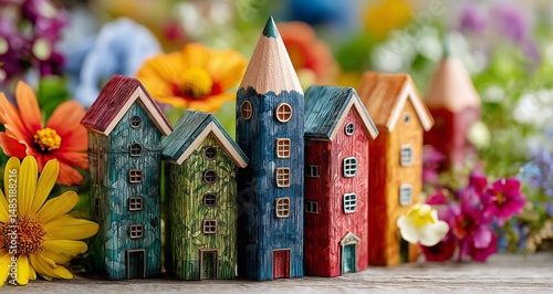 Colorful Miniature Houses Among Vibrant Flowers Create a Charming Garden Display
