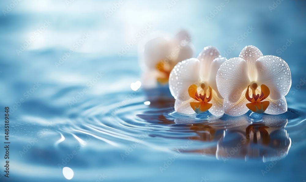 Serene white orchids float on calm blue water Serene white orchids float on calm blue water