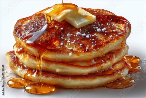 Stack of Fluffy Pancakes Drizzled With Syrup and Topped With Butter at Breakf...