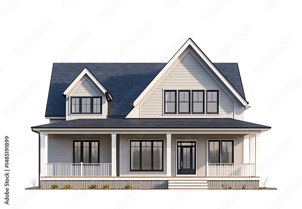 Modern White Two Story House with Blue Roof Isolated on White Background Modern White Two Story House with Blue Roof Isolated on White Background