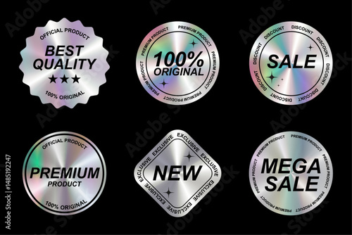 Set of colour neon stickers, label with holographic effect.