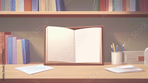 Wallpaper Mural Open book on a desk with bookshelves Torontodigital.ca