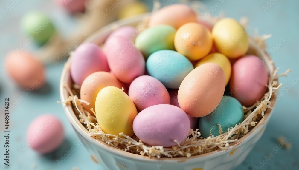 Colorful pastel Easter egg candies in a bowl, close-up shot , egg shaped, joyful Colorful pastel Easter egg candies in a bowl, close-up shot , egg shaped, joyful