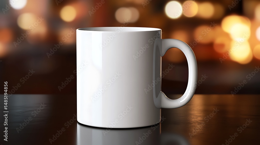 Obraz premium Elegant white mug sits on dark wood table with bokeh lights behind it