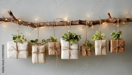 Creative Display of Wrapped Gifts and Plants Hanging on a Branch With Lights ...