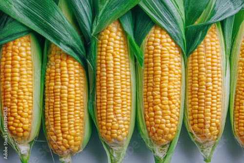 Fresh Corn Cobs Arranged Neatly With Green Husks in a Vibrant Display at a Lo...