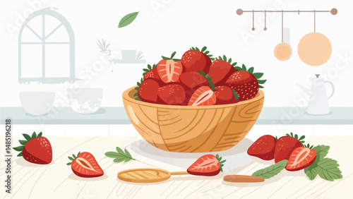 Strawberries in bowl in kitchen vector design, Strawberry Illustration vector design, Strawberries in wooden bowl