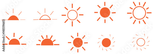 Yellow sun icons set, sunshine and solar glow, sunrise or sunset. Decorative circle full and half suns and sunlight collection. Hot solar energy for tan.