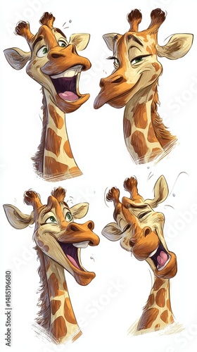 Four giraffe head expressions of different emotions.