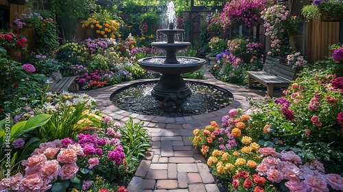Fototapeta Naklejka Na Ścianę i Meble -  close up of a sprawling English garden layout, a rose garden with curved paths, a central fountain, benches along the flower beds, and a small reflecting pond