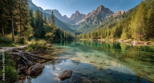 Serene Mountain Lake Nestled in Dolomites During Bright Daylight