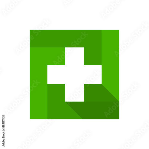 White cross medical on green square icon flat vector design