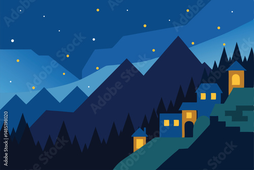 winter landscape with houses and mountains