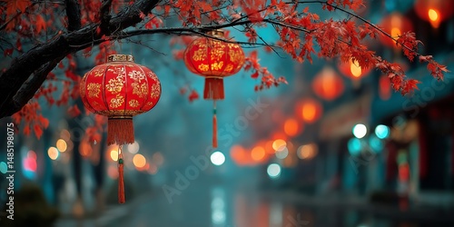Red Lanterns Hang From Branches During a Festive Autumn Evening in a City Park