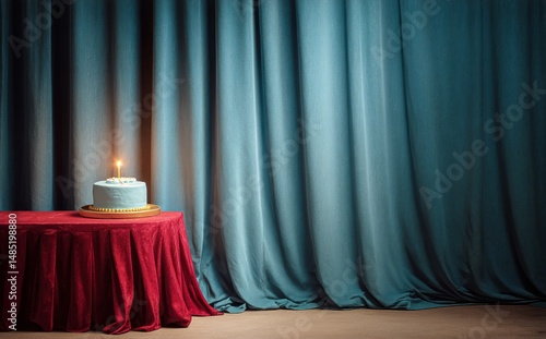 Elegant Birthday Cake on a Table With Blue Curtains at a Celebration Event