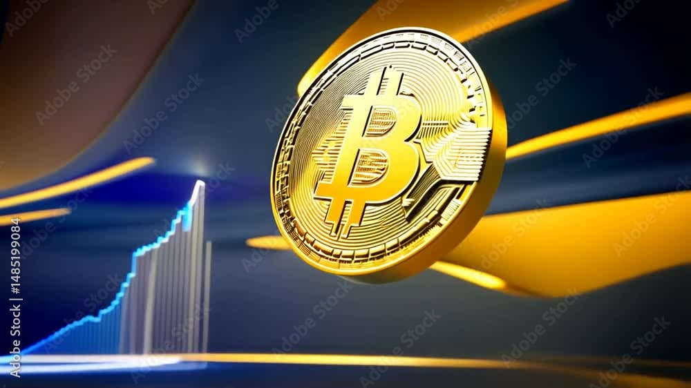 Illustrative bitcoin digital currency in metallic gold over blue and gold background