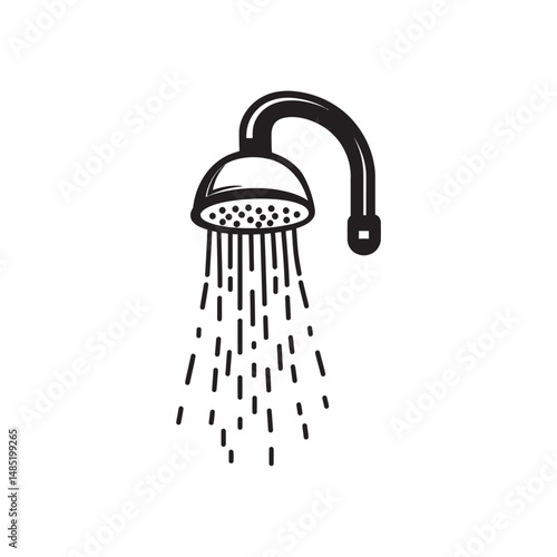 Isolated black shower head releases streams of water in a simple, minimalist style on white
