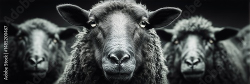 Black Sheep With Gray Companions in Pastoral Setting During Cloudy Daytime