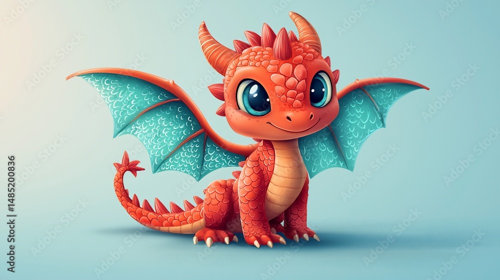 Obraz premium Cute dragon illustration; light blue background