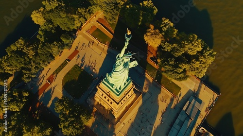 Aerial View of Lady Liberty: Golden Hour Illumination