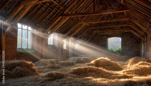 horse barn in the afternoon, where sunlight pours through the windows, casting soft light on the straw and wooden beams, capturing the essence of rural life