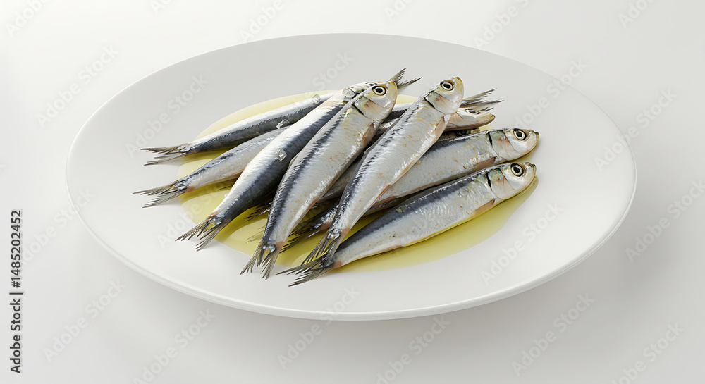 Anchovies gleam on white plate bathed in oil Anchovies gleam on white plate bathed in oil