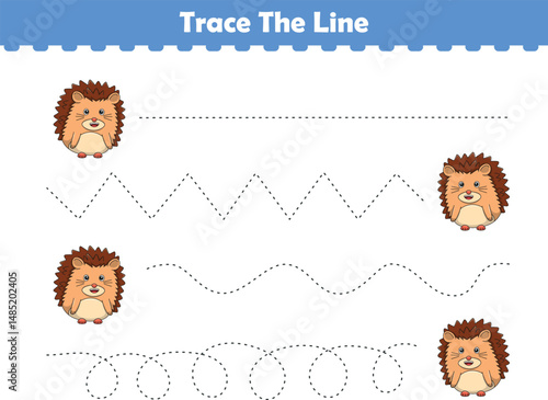 Trace line worksheets for children. Preschool handwriting practice with hedgehog. Vector illustration