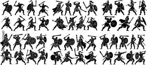 A collection of black silhouette figures depicting ancient warriors in various combat poses.
