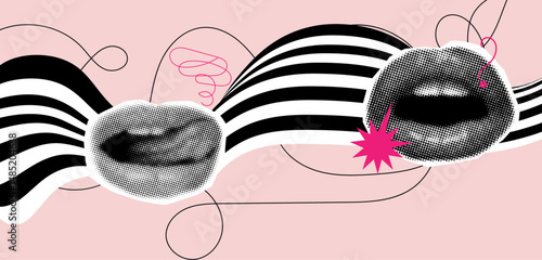 Halftone collage elements,female lips with doodles,trendy cut out elements for collage design