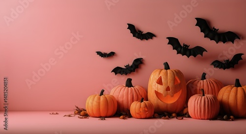 Halloween Decorations With Carved Pumpkins and Bats Against a Pink Background