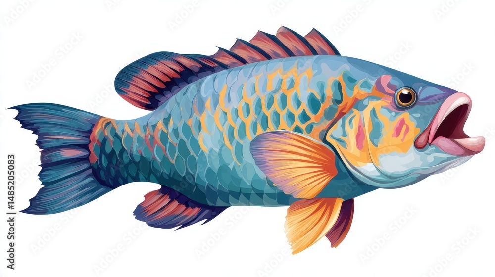 Fototapeta premium Vibrantly illustrated fish with intricate patterns and colors, showcasing marine life artistry.